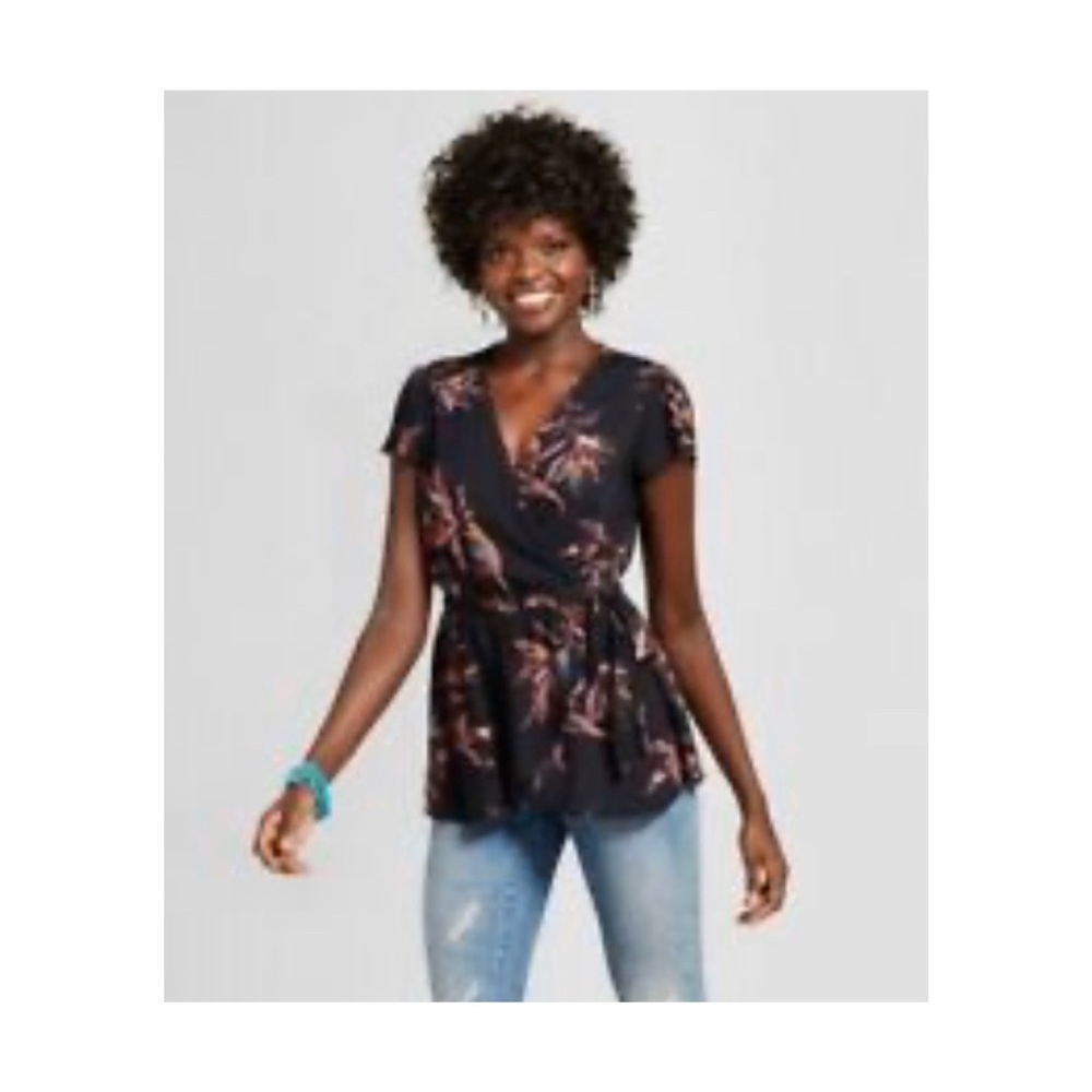 Black and pink floral short sleeve blouse